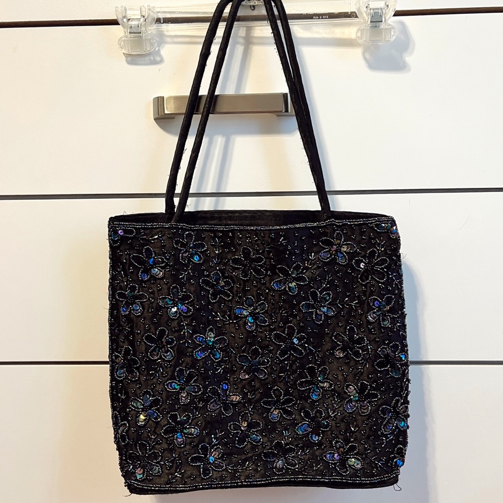 TONI Embroidered Beaded Floral Black Purse